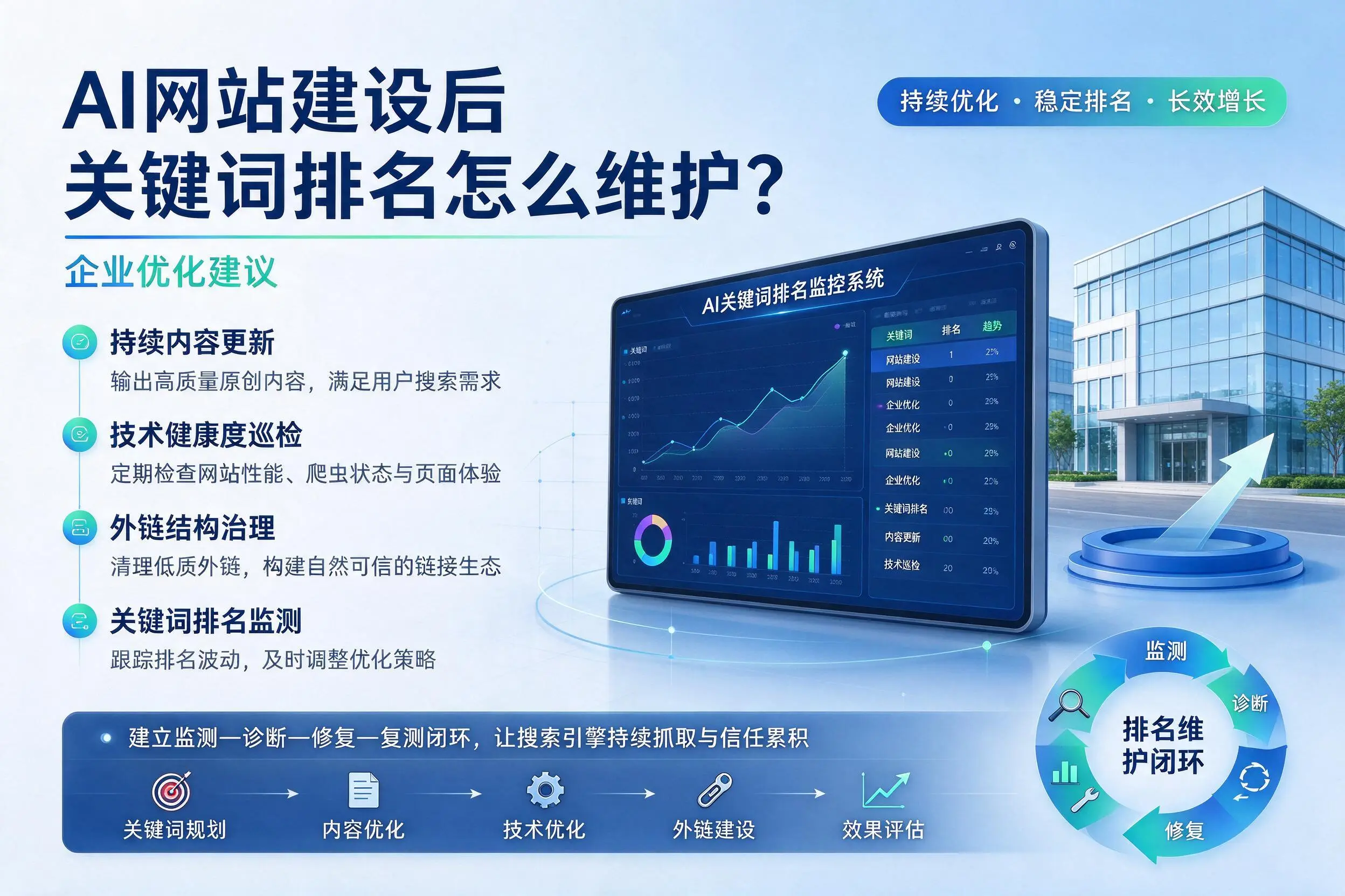AI网站建设后关键词排名怎么维护?海南企业优化建议